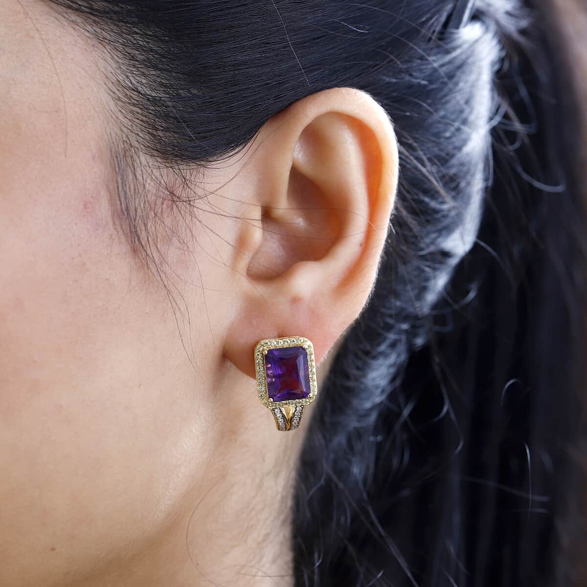 Radiant Cut Premium African Amethyst and Multi Gemstone J-Hoop Earrings in Vermeil Yellow Gold Over Sterling Silver 7.60 ctw image number 2