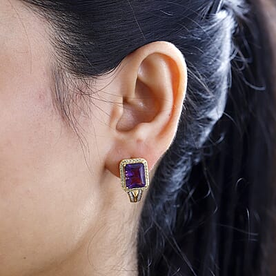 Radiant Cut Premium African Amethyst and Multi Gemstone J-Hoop Earrings in Vermeil Yellow Gold Over Sterling Silver 7.60 ctw