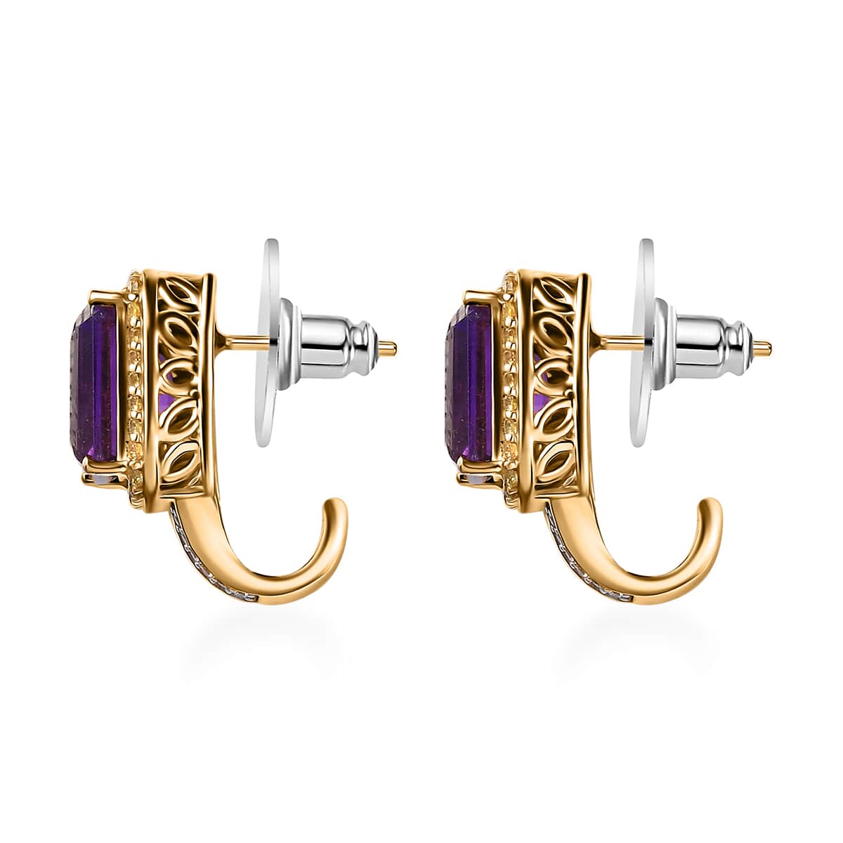 Radiant Cut Premium African Amethyst and Multi Gemstone J-Hoop Earrings in Vermeil Yellow Gold Over Sterling Silver 7.60 ctw image number 3