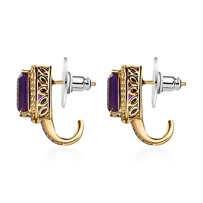 Radiant Cut Premium African Amethyst and Multi Gemstone J-Hoop Earrings in Vermeil Yellow Gold Over Sterling Silver 7.60 ctw