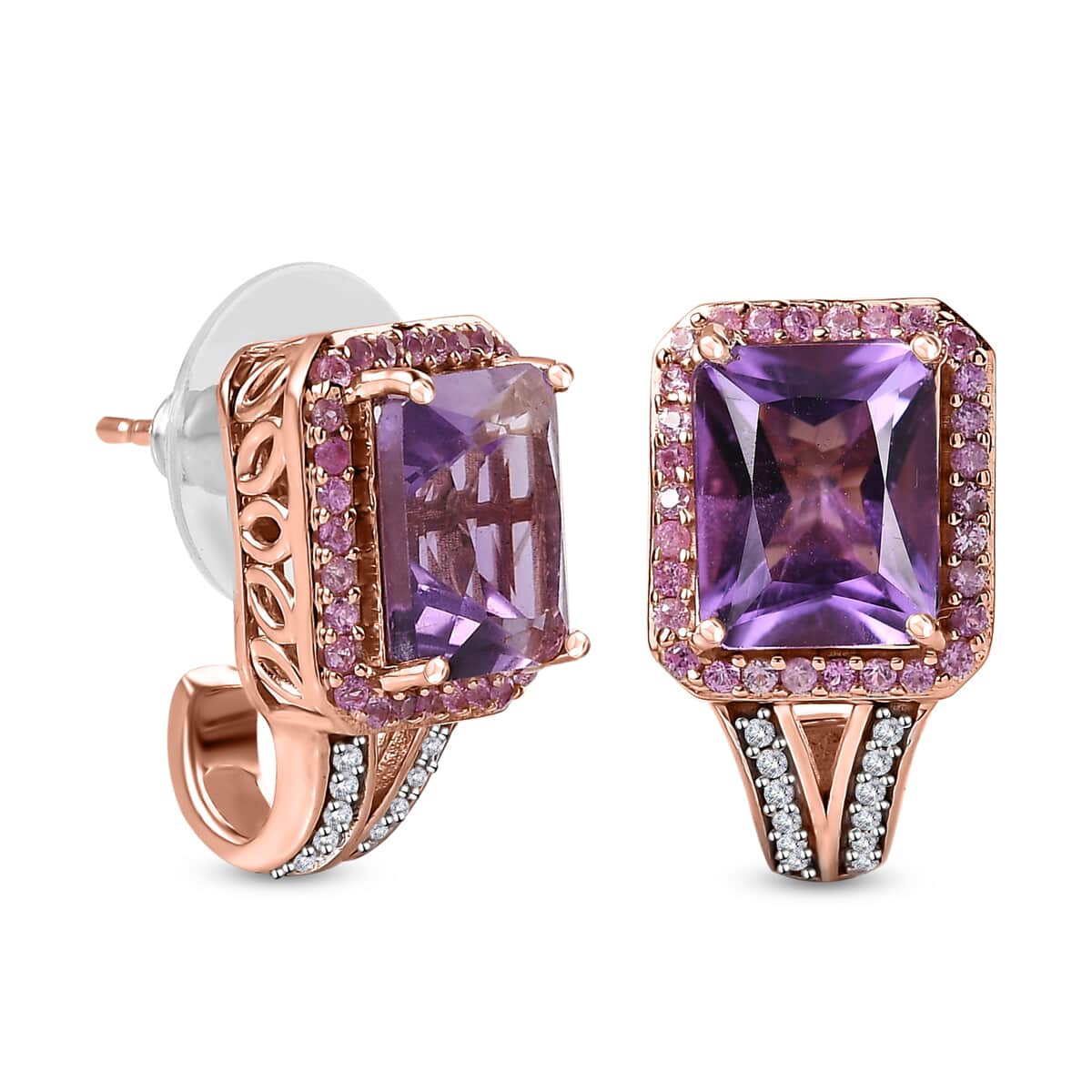 Radiant Cut Premium Rose De France Amethyst and Multi Gemstone J-Hoop Earrings in Vermeil Rose Gold Over Sterling Silver 6.80 ctw image number 0