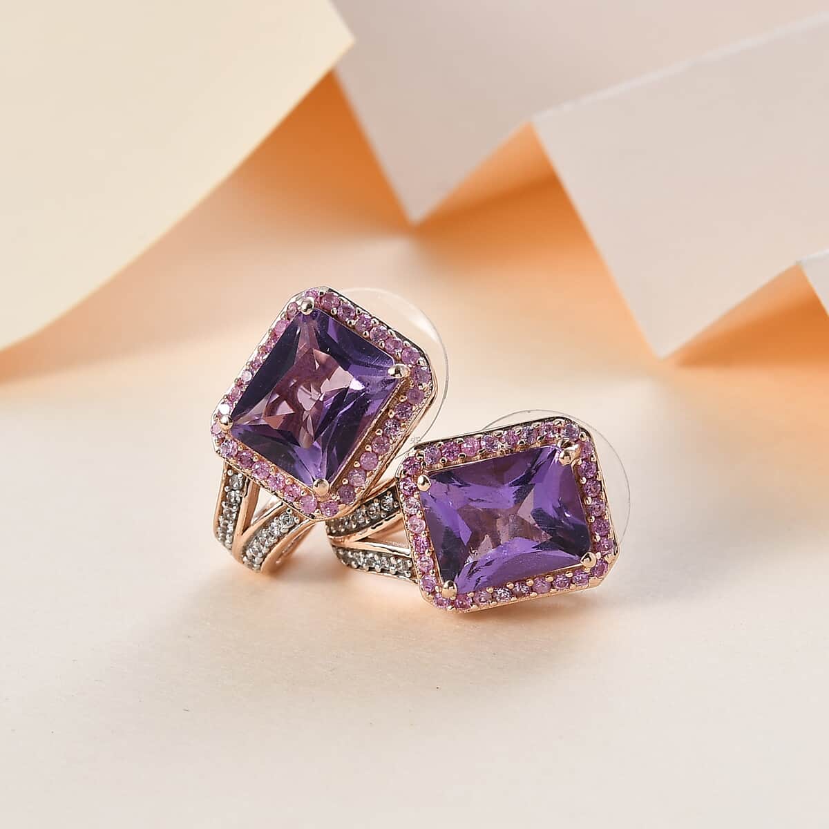 Radiant Cut Premium Rose De France Amethyst and Multi Gemstone J-Hoop Earrings in Vermeil Rose Gold Over Sterling Silver 6.80 ctw image number 1