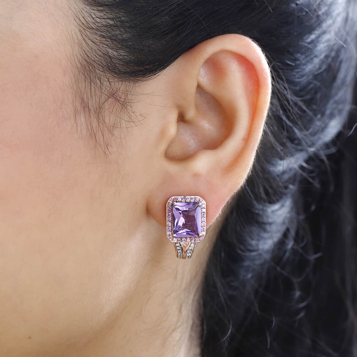 Radiant Cut Premium Rose De France Amethyst and Multi Gemstone J-Hoop Earrings in Vermeil Rose Gold Over Sterling Silver 6.80 ctw image number 2