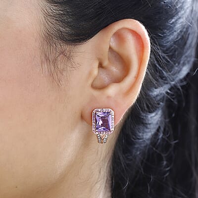 Radiant Cut Premium Rose De France Amethyst and Multi Gemstone J-Hoop Earrings in Vermeil Rose Gold Over Sterling Silver 6.80 ctw