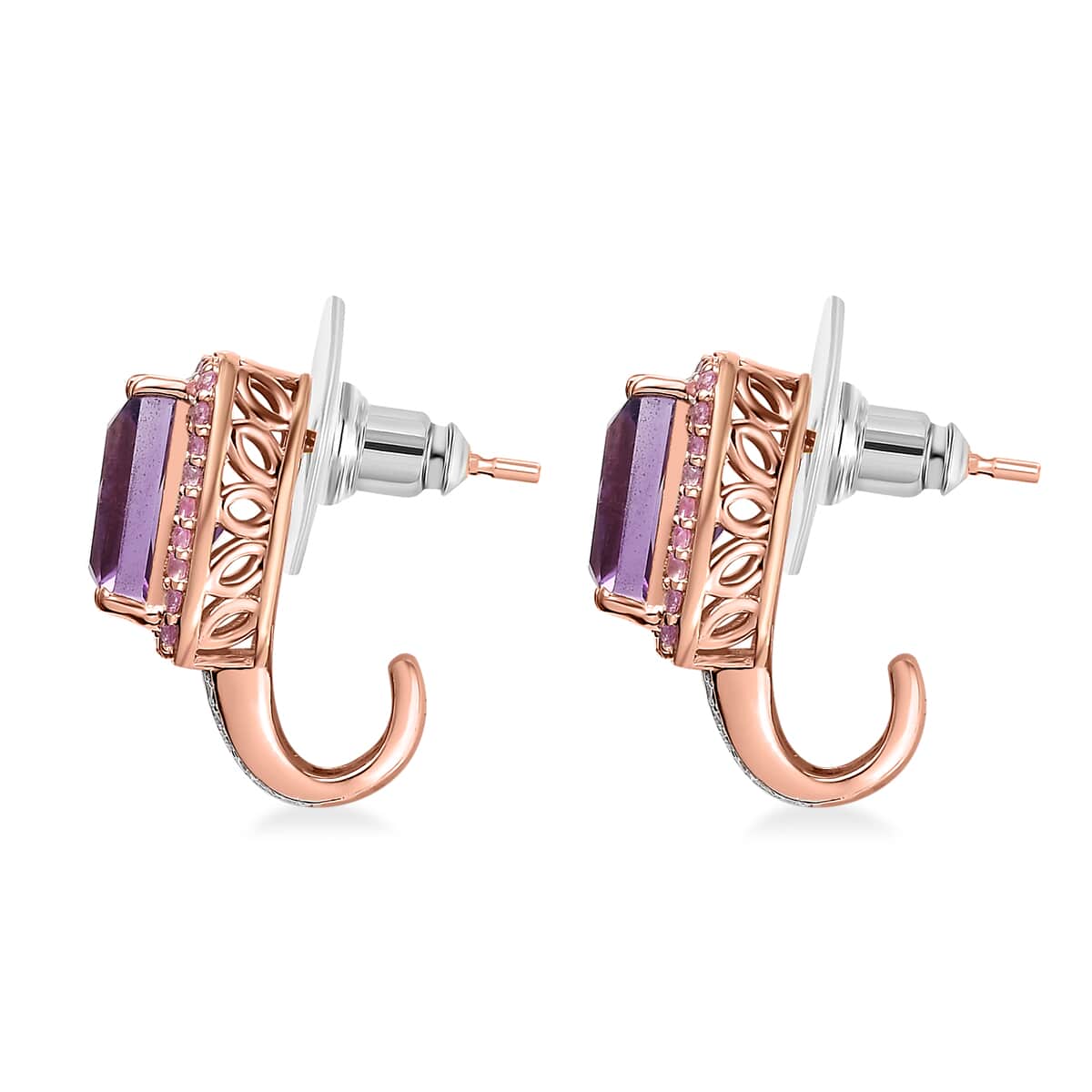 Radiant Cut Premium Rose De France Amethyst and Multi Gemstone J-Hoop Earrings in Vermeil Rose Gold Over Sterling Silver 6.80 ctw image number 3