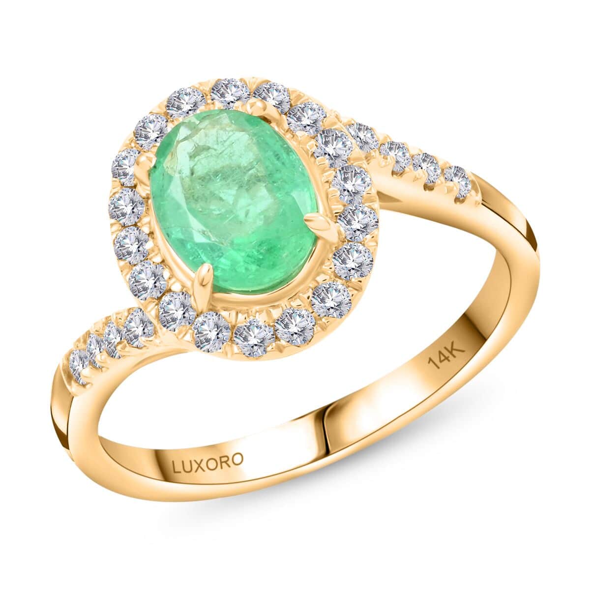 Certified & Appraised Luxoro 14K Yellow Gold AAA Ethiopian Emerald and I2 Diamond Bypass Halo Ring (Size 7.0) 1.60 ctw image number 0