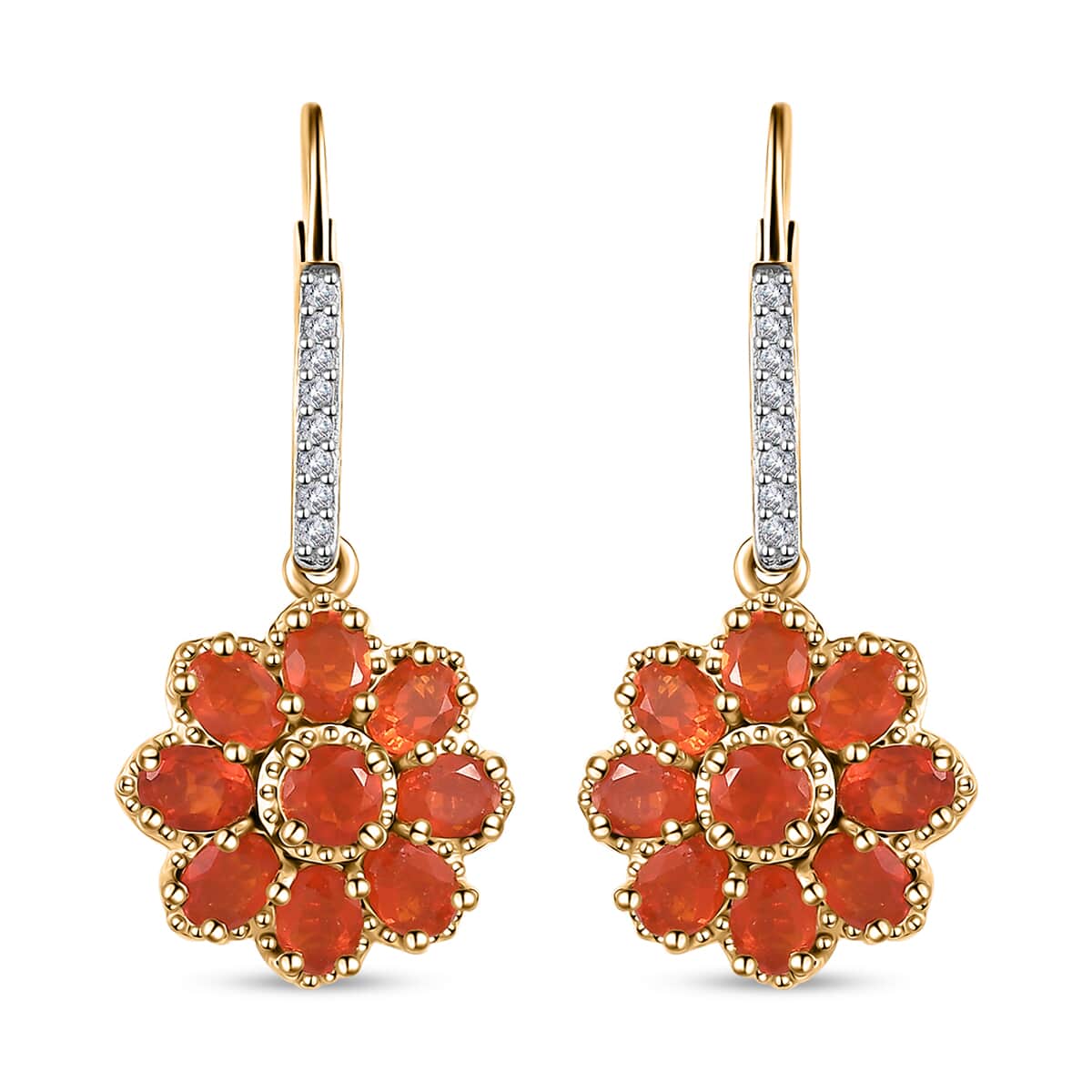 Crimson Fire Opal and White Zircon Floral Earrings in Vermeil Yellow Gold Over Sterling Silver 2.60 ctw image number 0
