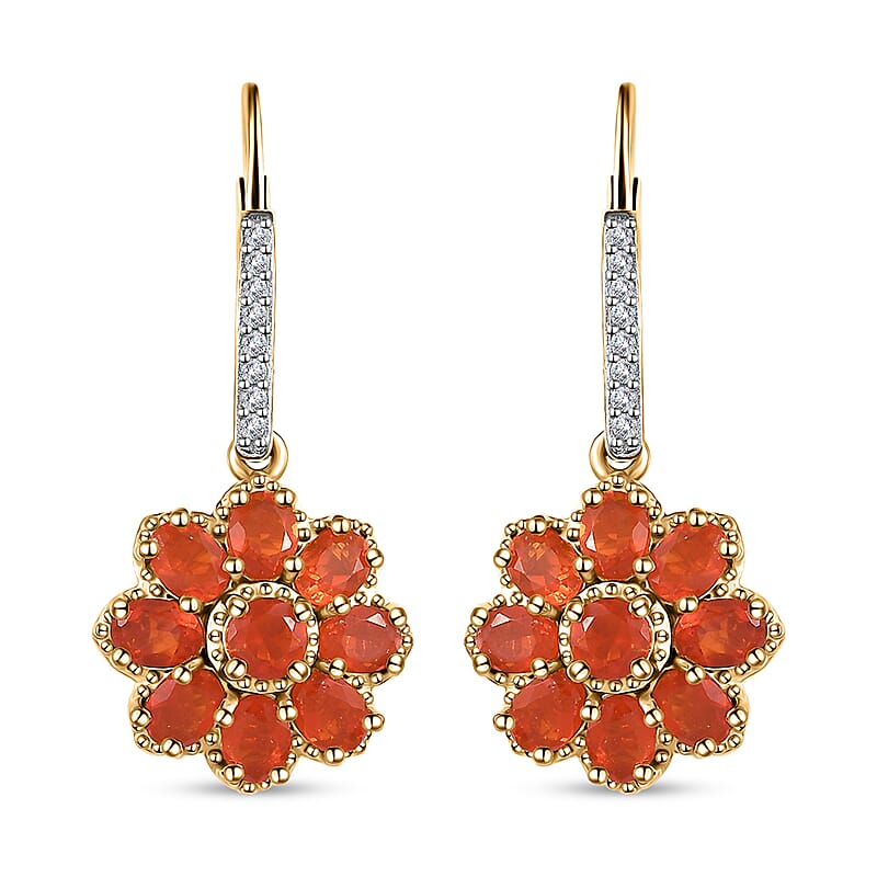 Crimson Fire Opal and White Zircon Floral Earrings in Vermeil Yellow Gold Over Sterling Silver 2.60 ctw
