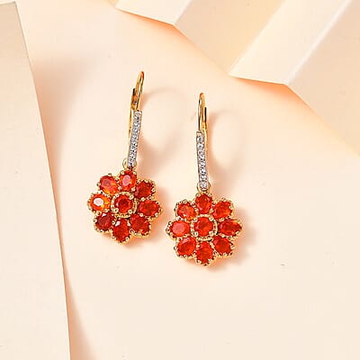 Crimson Fire Opal and White Zircon Floral Earrings in Vermeil Yellow Gold Over Sterling Silver 2.60 ctw