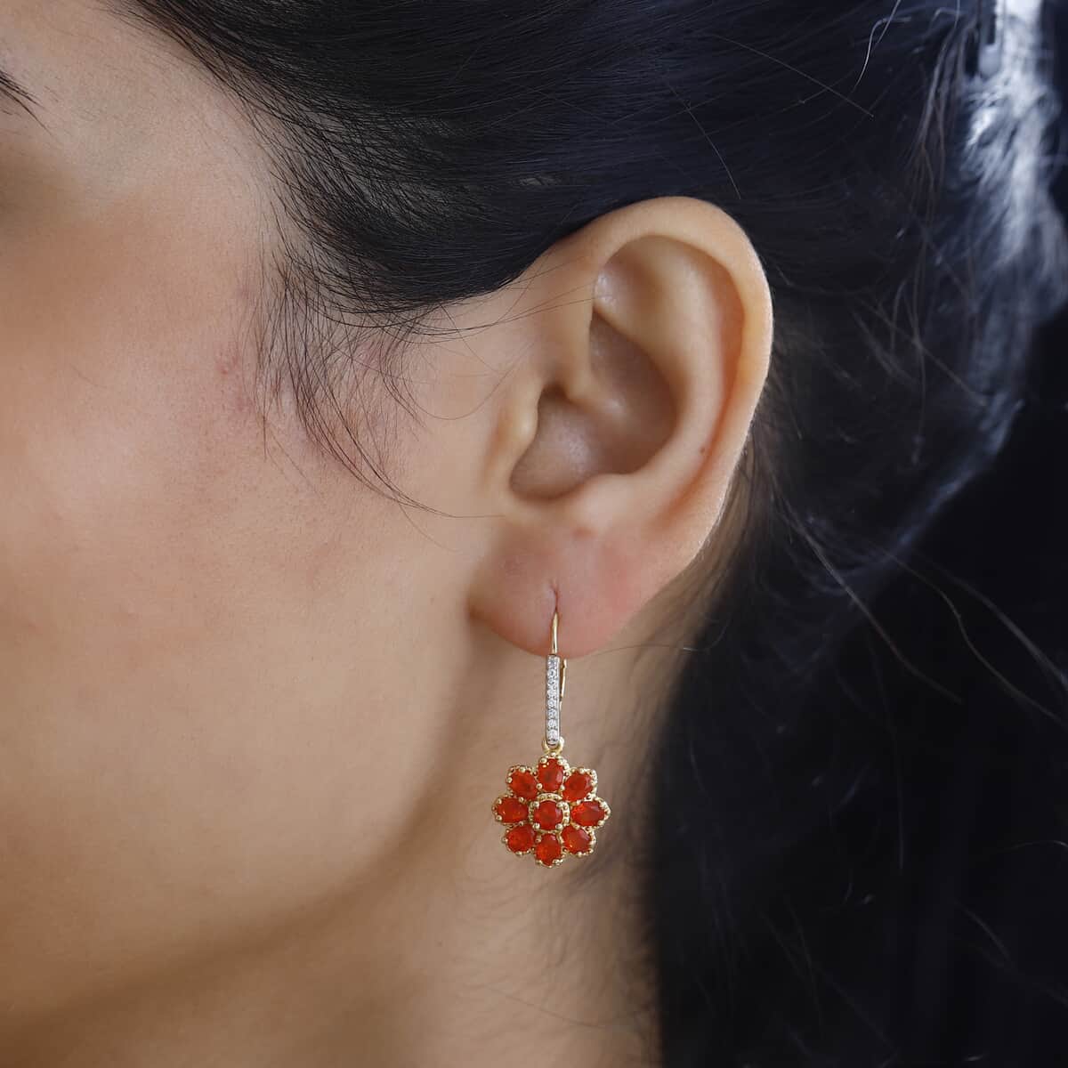 Crimson Fire Opal and White Zircon Floral Earrings in Vermeil Yellow Gold Over Sterling Silver 2.60 ctw image number 2