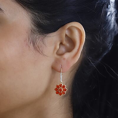 Crimson Fire Opal and White Zircon Floral Earrings in Vermeil Yellow Gold Over Sterling Silver 2.60 ctw