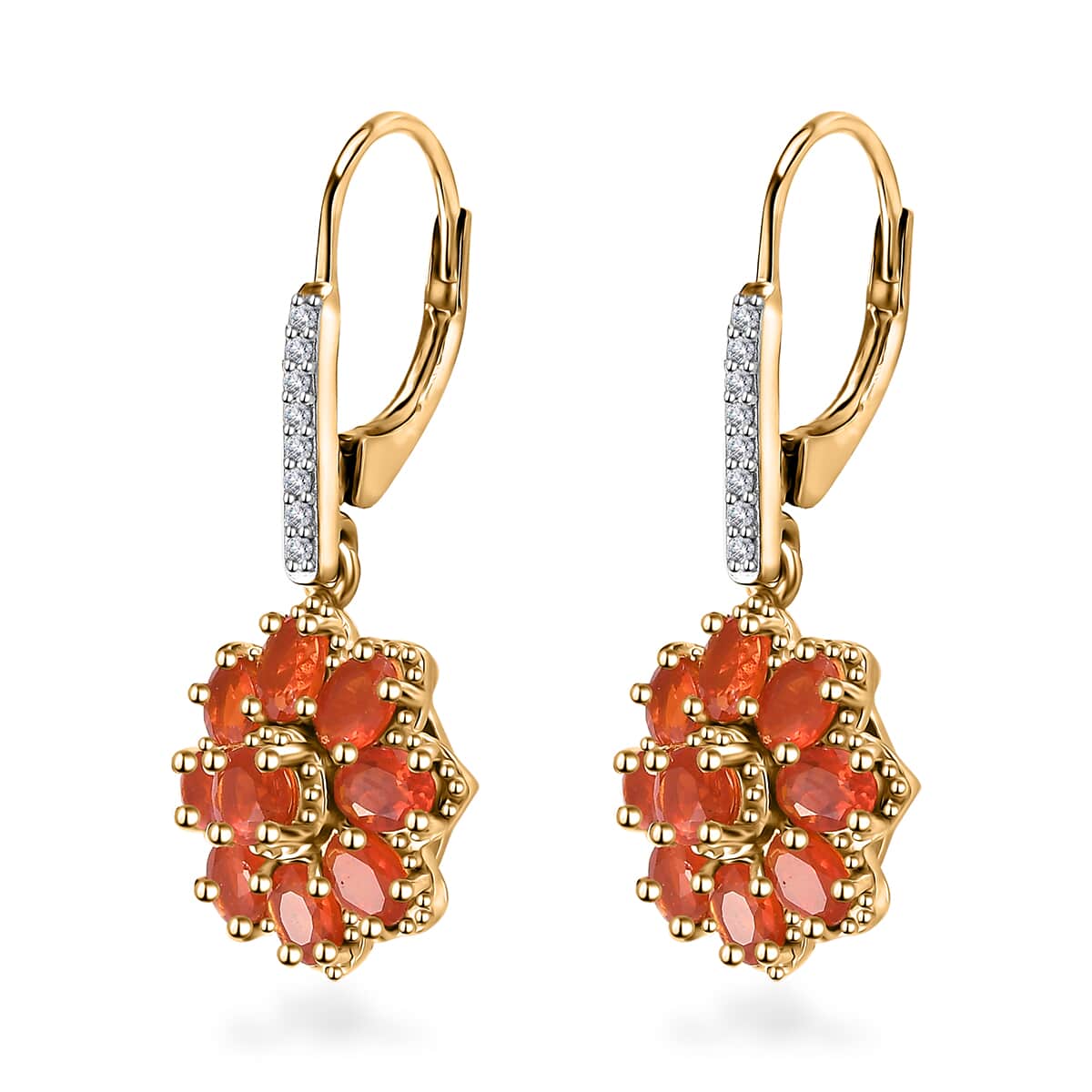 Crimson Fire Opal and White Zircon Floral Earrings in Vermeil Yellow Gold Over Sterling Silver 2.60 ctw image number 3