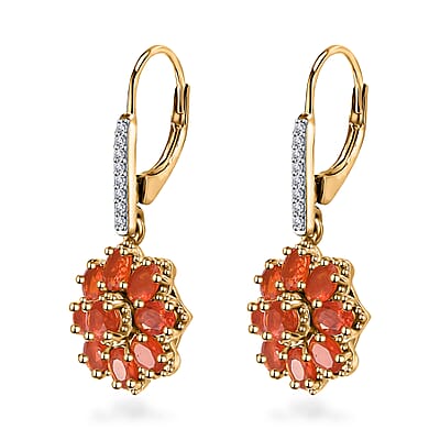 Crimson Fire Opal and White Zircon Floral Earrings in Vermeil Yellow Gold Over Sterling Silver 2.60 ctw