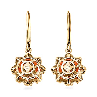 Crimson Fire Opal and White Zircon Floral Earrings in Vermeil Yellow Gold Over Sterling Silver 2.60 ctw