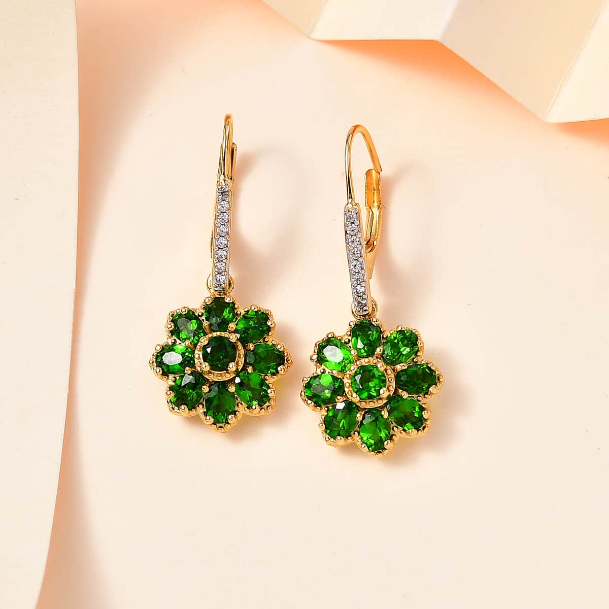 Chrome Diopside and White Zircon Floral Earrings in Vermeil Yellow Gold Over Sterling Silver 4.00 ctw image number 1