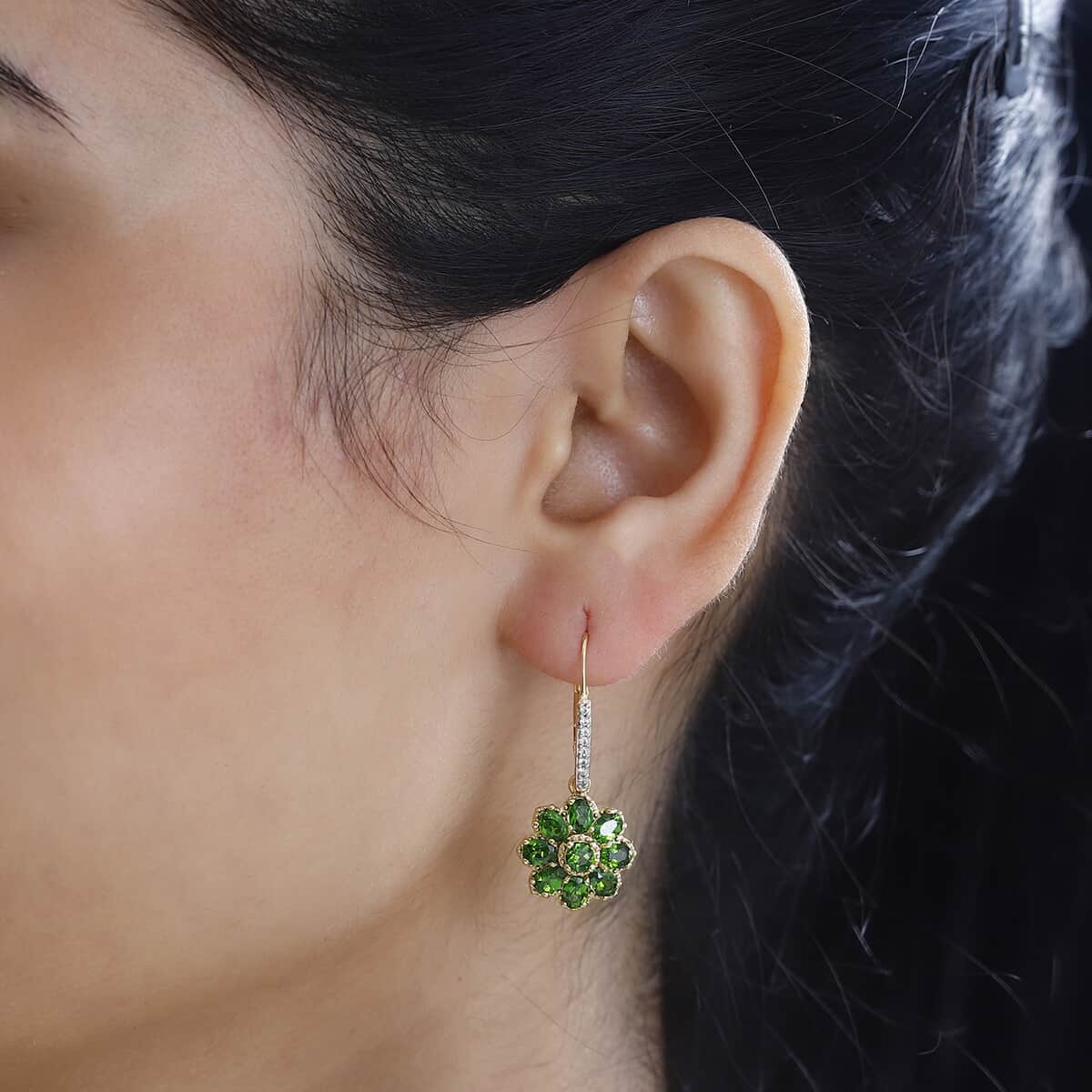 Chrome Diopside and White Zircon Floral Earrings in Vermeil Yellow Gold Over Sterling Silver 4.00 ctw image number 2