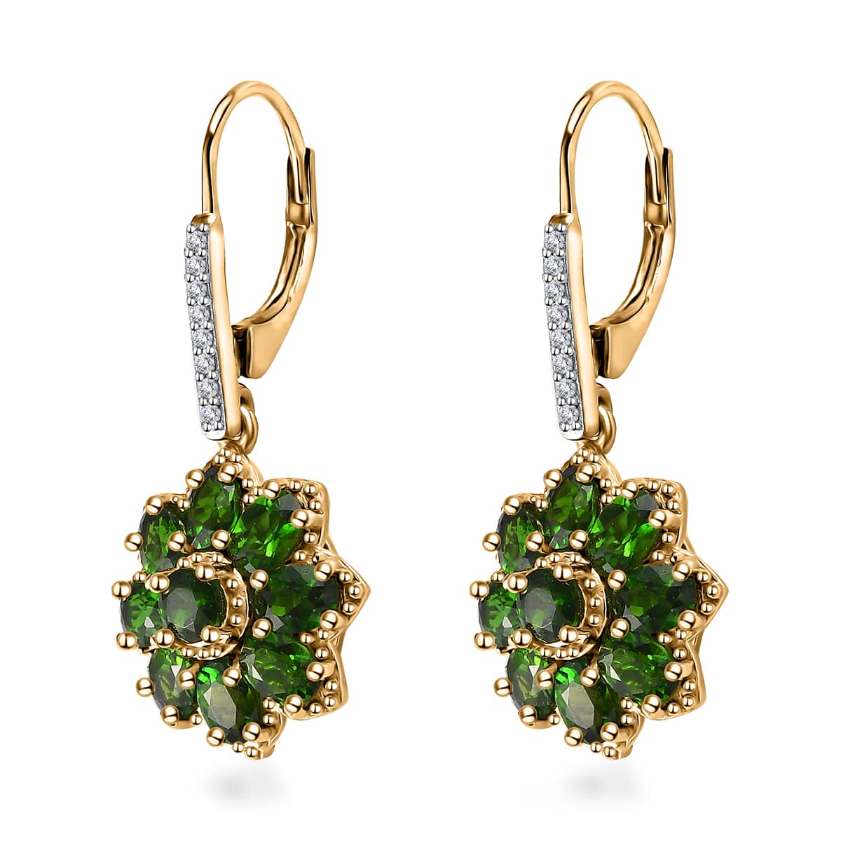 Chrome Diopside and White Zircon Floral Earrings in Vermeil Yellow Gold Over Sterling Silver 4.00 ctw image number 3