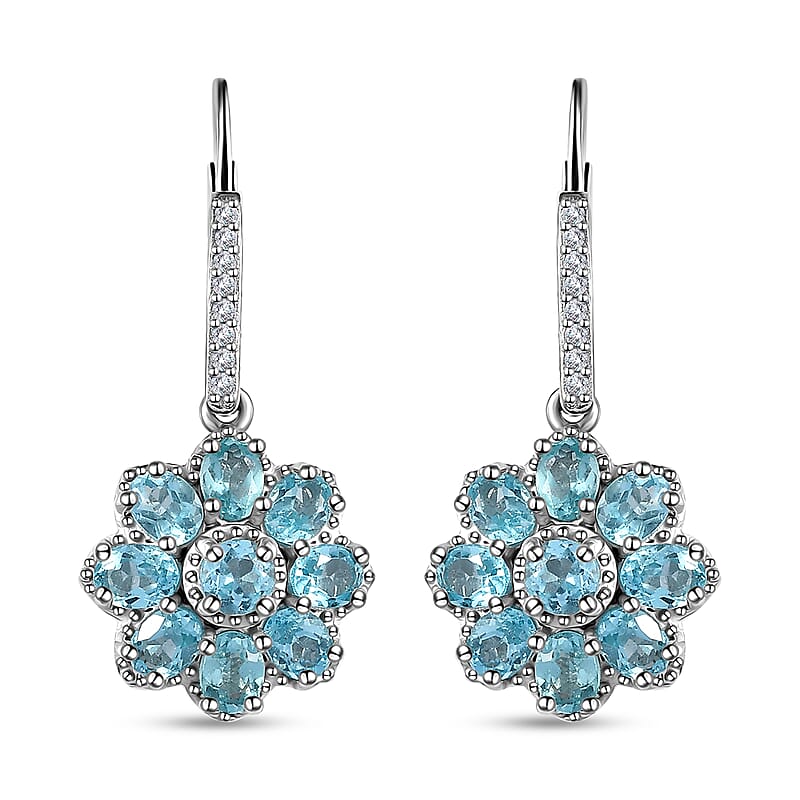 Betroka Blue Apatite and White Zircon 3.65 ctw Floral Earrings in Platinum Over Sterling Silver