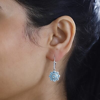 Betroka Blue Apatite and White Zircon 3.65 ctw Floral Earrings in Platinum Over Sterling Silver