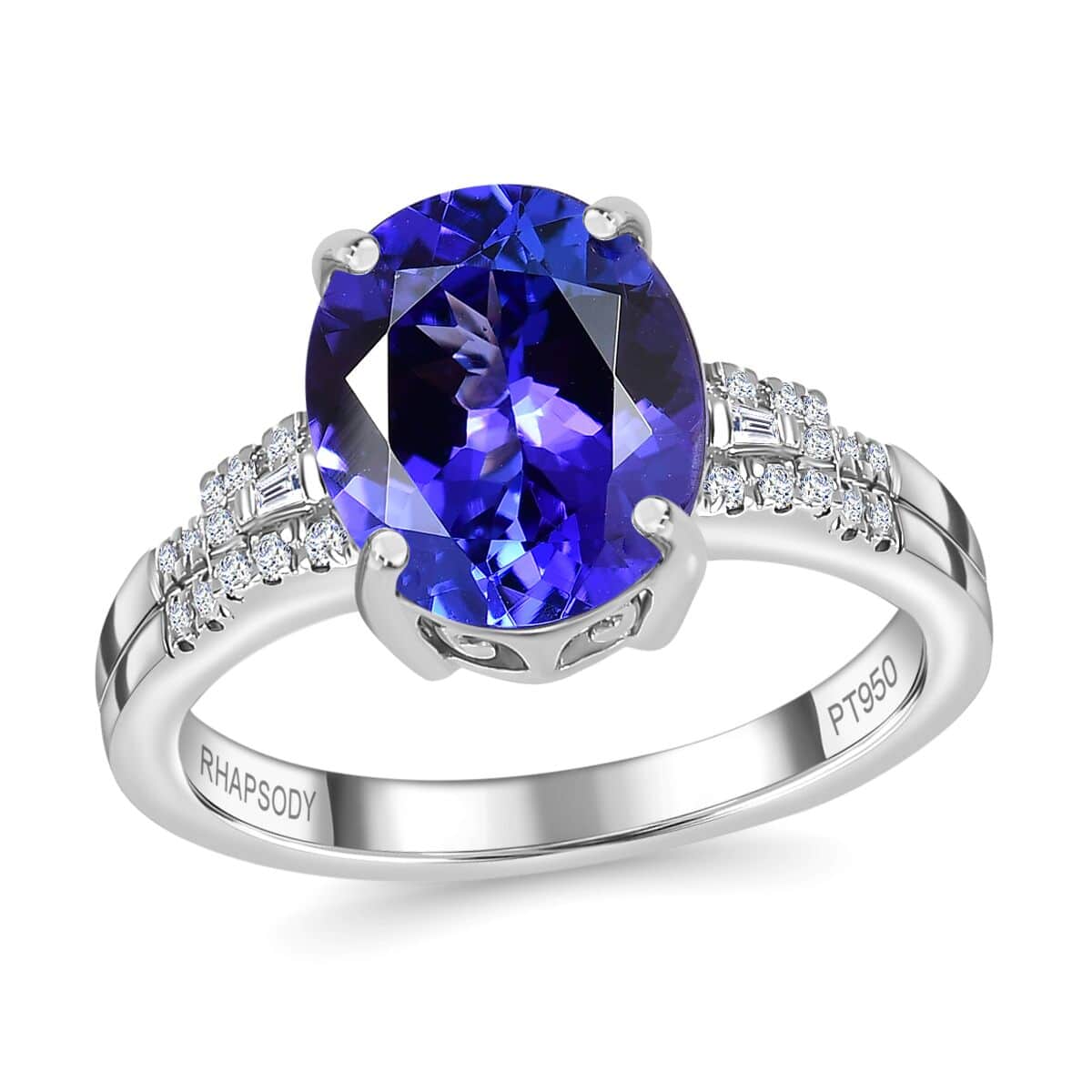 Rhapsody 950 Platinum AAAA Tanzanite and E-F VS Diamond Ring (Size 6.0) 6.20 Grams 4.15 ctw image number 0