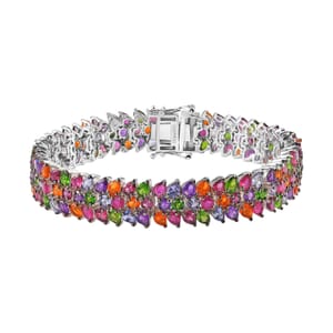 Multi Gemstone Crown Prestige 3 Row Bracelet in Platinum Over Sterling Silver (7.25 In) 23.65 ctw