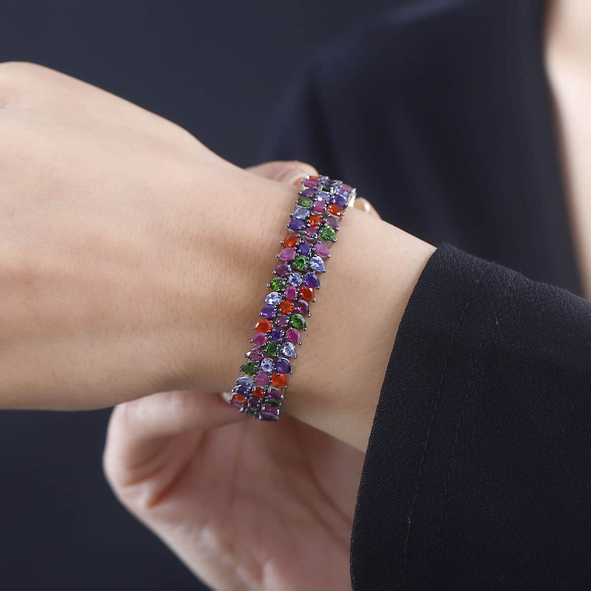 Multi Gemstone 3 Row Bracelet in Platinum Over Sterling Silver (8.00 In) 26.25 ctw image number 2