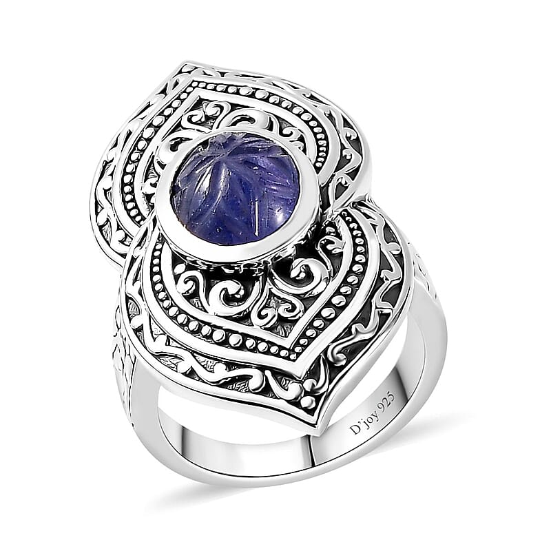 Indian Artistry Tanzanite Carved 4.75 ctw Filigree Ring in Sterling Silver (Size 10.0)