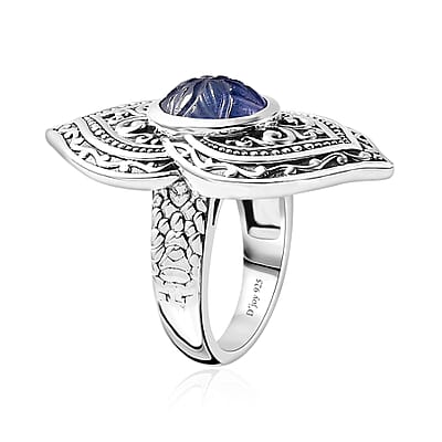 Indian Artistry Tanzanite Carved 4.75 ctw Filigree Ring in Sterling Silver (Size 10.0)