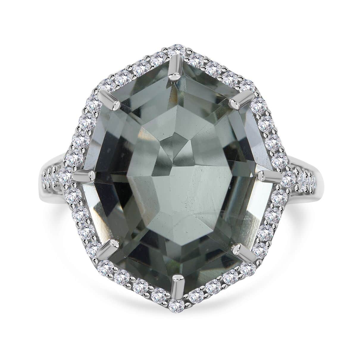 Fancy Cut Montezuma Prasiolite and White Zircon Halo Ring in Platinum Over Sterling Silver (Size 10.0) 10.50 ctw image number 0
