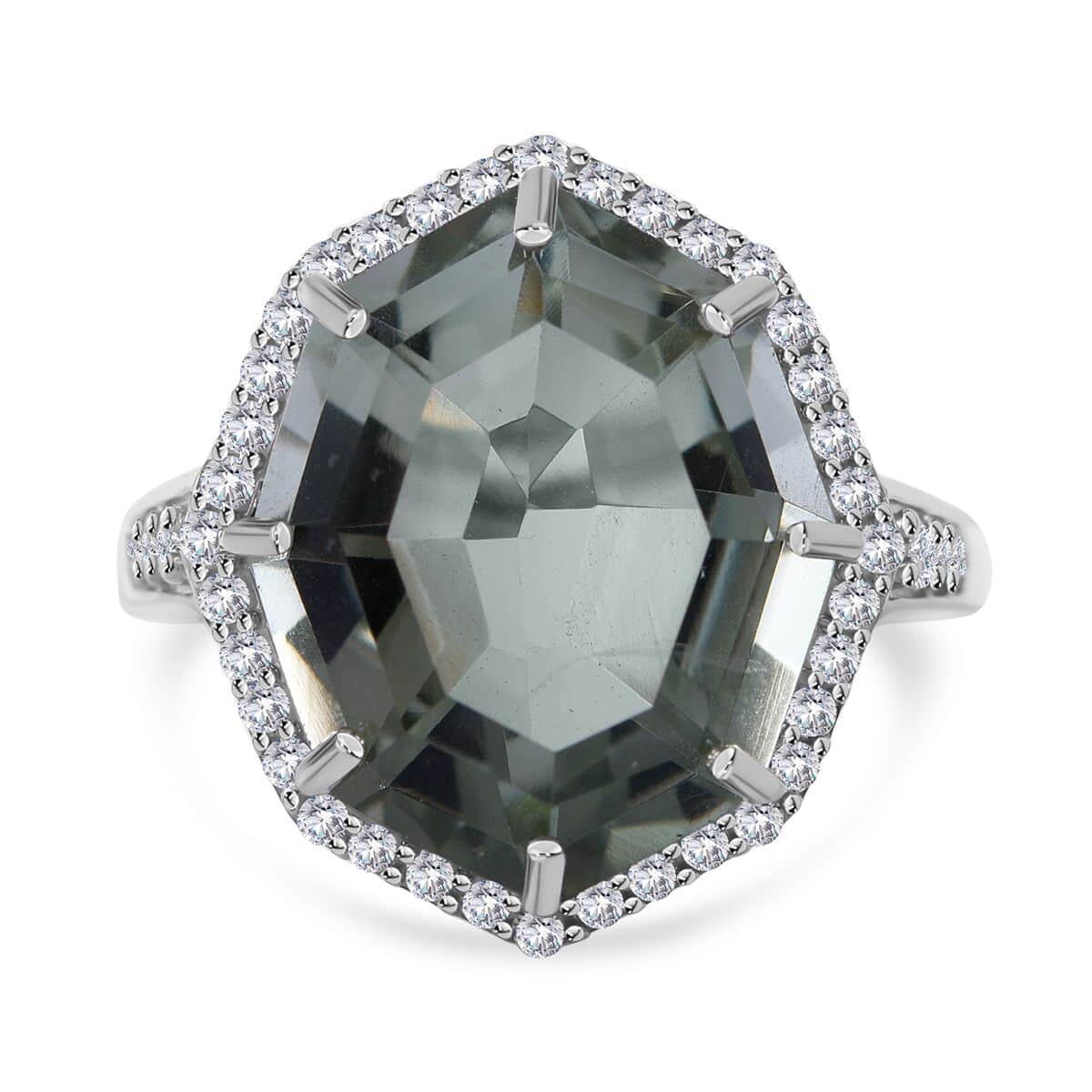 Fancy Cut Montezuma Prasiolite and White Zircon Halo Ring in Platinum Over Sterling Silver (Size 6.0) 10.50 ctw image number 0