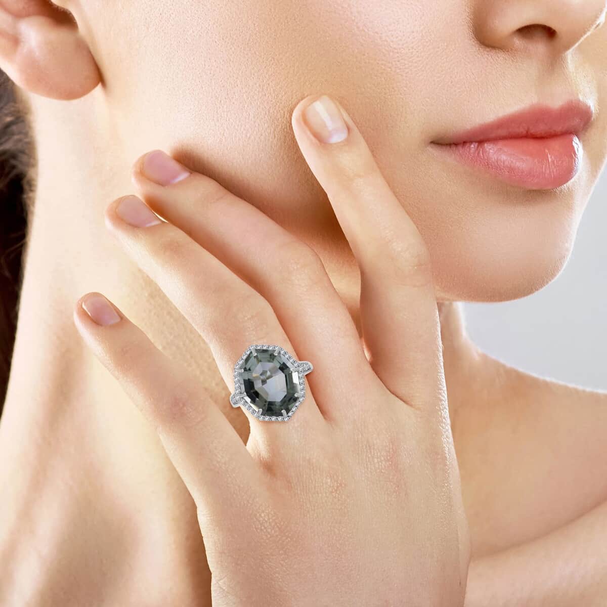 Fancy Cut Montezuma Prasiolite and White Zircon Halo Ring in Platinum Over Sterling Silver (Size 6.0) 10.50 ctw image number 1