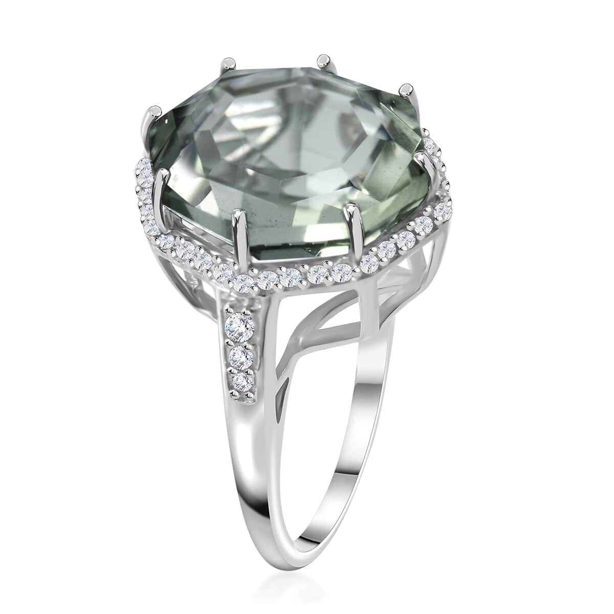 Fancy Cut Montezuma Prasiolite and White Zircon Halo Ring in Platinum Over Sterling Silver (Size 9.0) 10.50 ctw image number 2