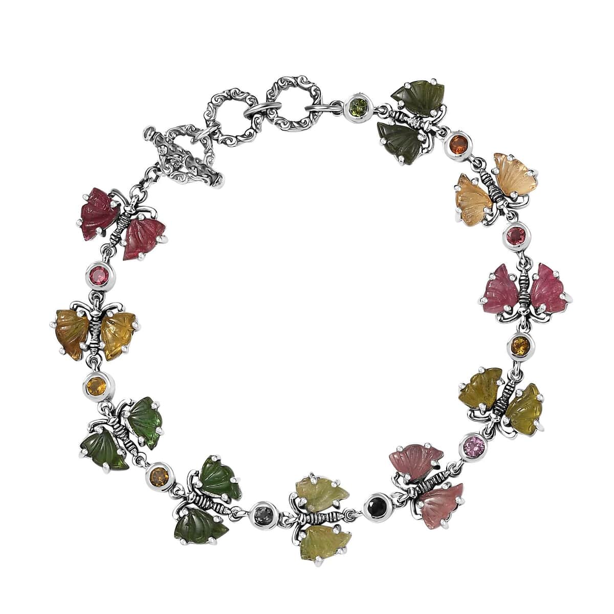 Indian Artistry Multi-Tourmaline Carved 16.40 ctw Butterfly Bracelet in Sterling Silver (6.50-8.0In) image number 0