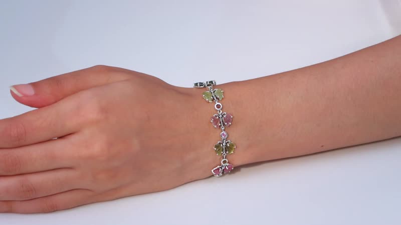 Indian Artistry Multi-Tourmaline Carved 16.40 ctw Butterfly Bracelet in Sterling Silver (6.50-8.0In)