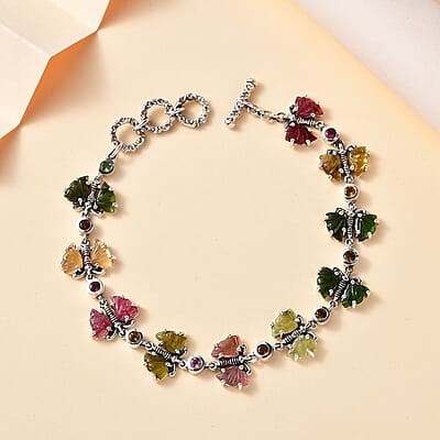 Indian Artistry Multi-Tourmaline Carved 16.40 ctw Butterfly Bracelet in Sterling Silver (6.50-8.0In)