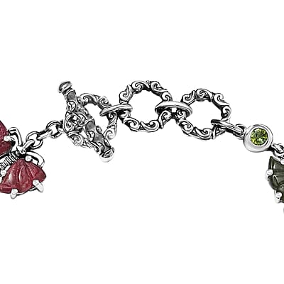 Indian Artistry Multi-Tourmaline Carved 16.40 ctw Butterfly Bracelet in Sterling Silver (6.50-8.0In)