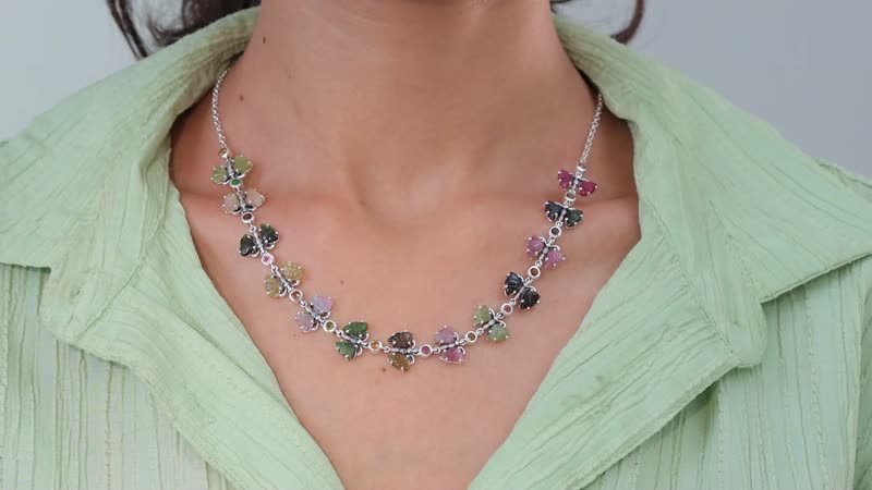 Indian Artistry Multi-Tourmaline Carved 18.75 ctw Butterfly Necklace in Sterling Silver 18-20 Inches