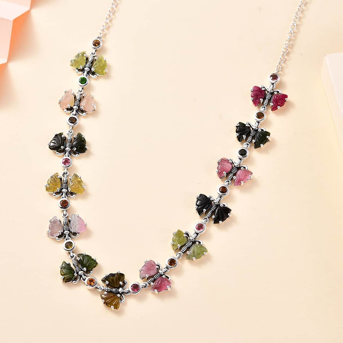 Indian Artistry Multi-Tourmaline Carved 18.75 ctw Butterfly Necklace in Sterling Silver 18-20 Inches image number 1