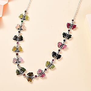 Indian Artistry Multi-Tourmaline Carved 18.75 ctw Butterfly Necklace in Sterling Silver 18-20 Inches