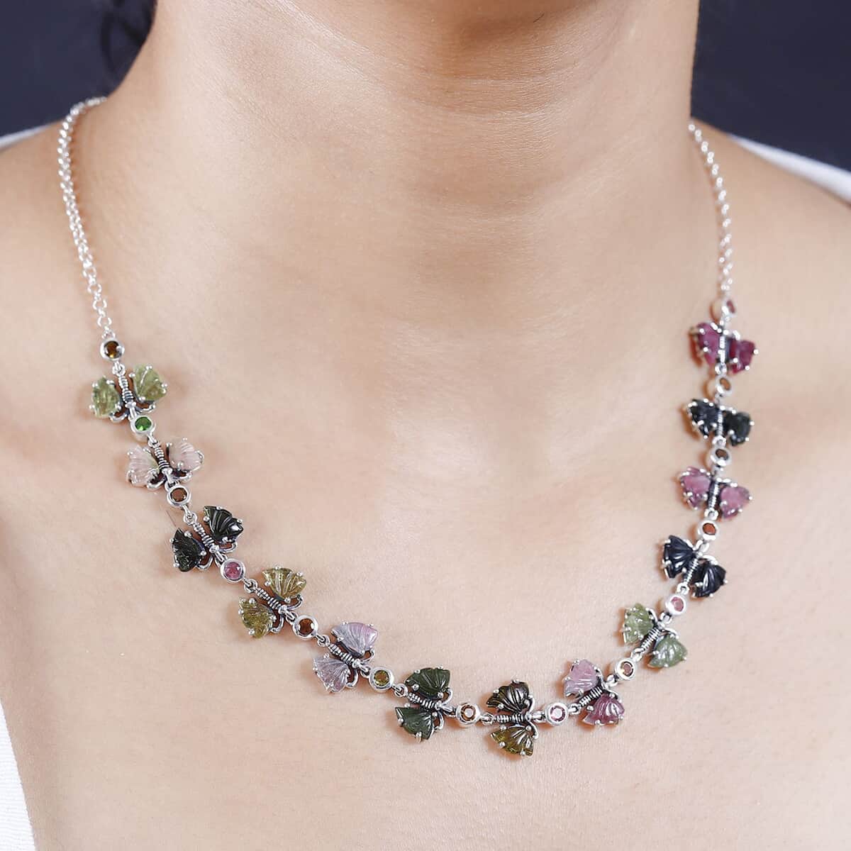 Indian Artistry Multi-Tourmaline Carved 18.75 ctw Butterfly Necklace in Sterling Silver 18-20 Inches image number 2