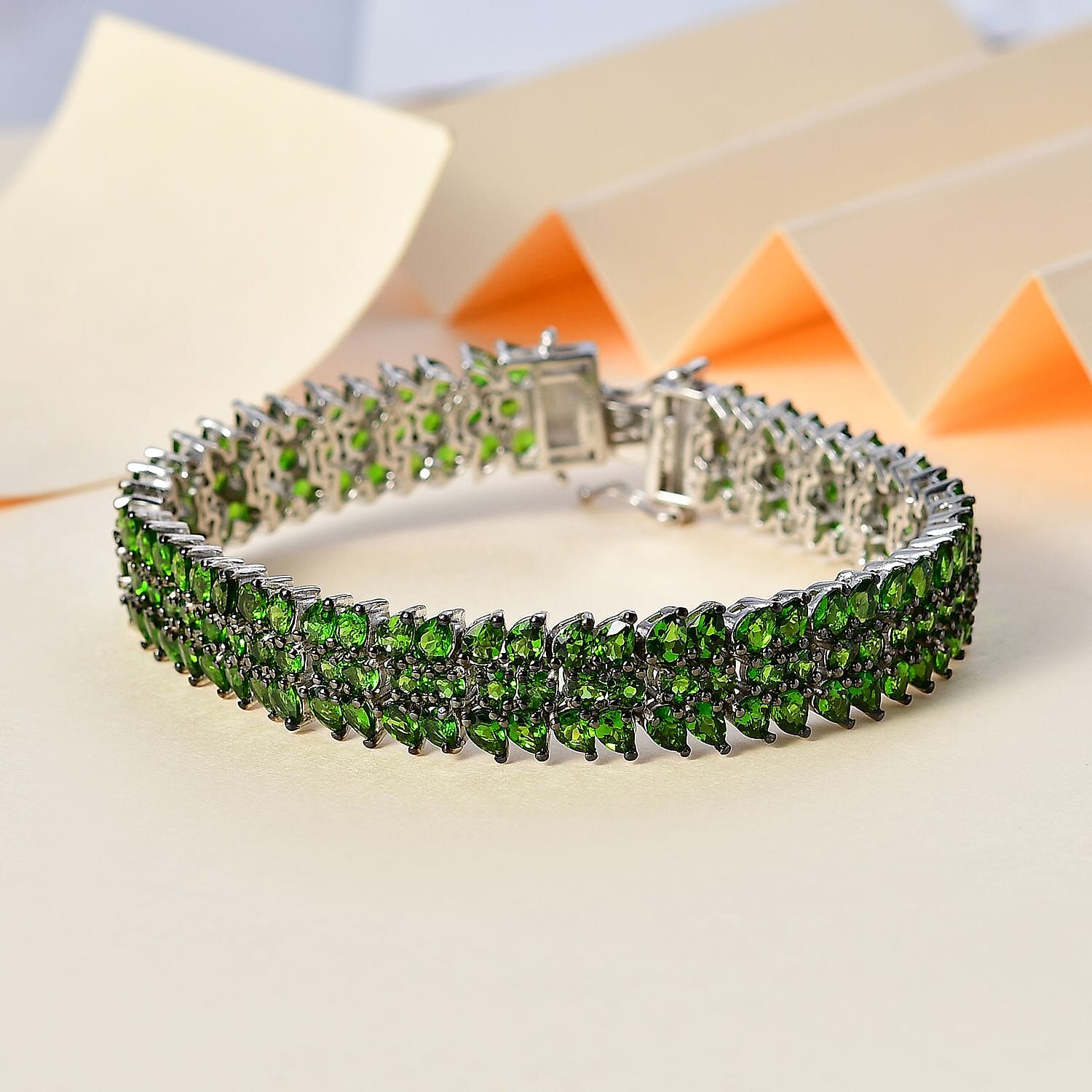 Chrome Diopside Crown Prestige 3 Row Bracelet in Platinum Over Sterling Silver (7.25 In) 22.00 ctw