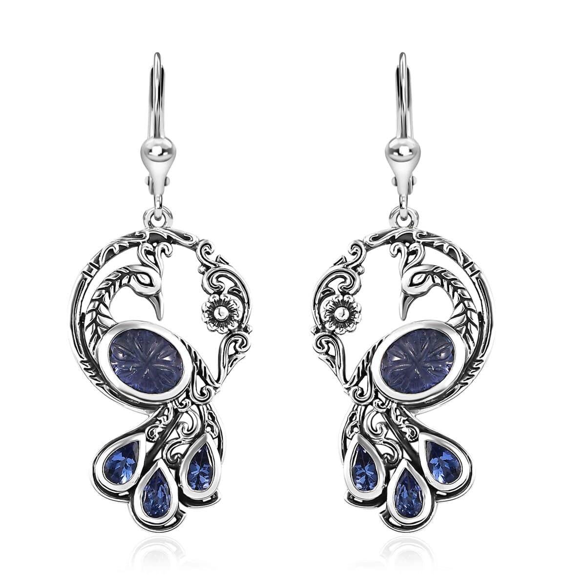 Indian Artistry Tanzanite Carved 4.80 ctw Peacock Earrings in Sterling Silver image number 0