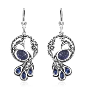 Indian Artistry Tanzanite Carved 4.80 ctw Peacock Earrings in Sterling Silver