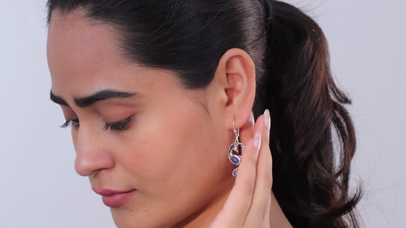 Indian Artistry Tanzanite Carved 4.80 ctw Peacock Earrings in Sterling Silver