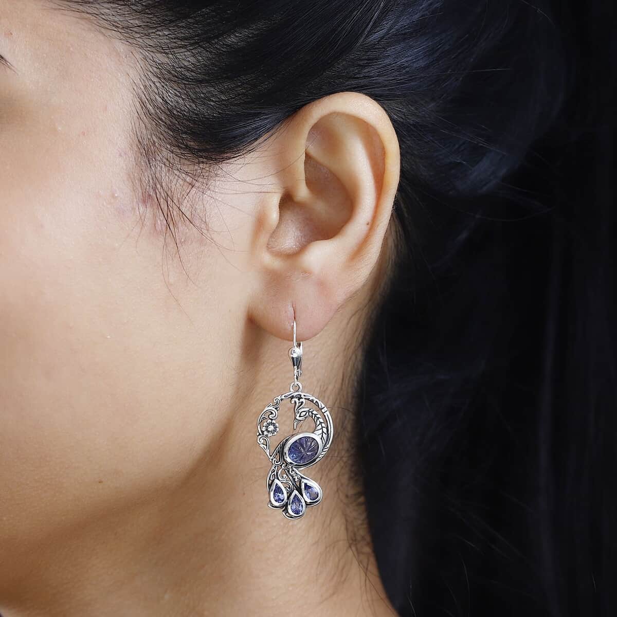 Indian Artistry Tanzanite Carved 4.80 ctw Peacock Earrings in Sterling Silver image number 2