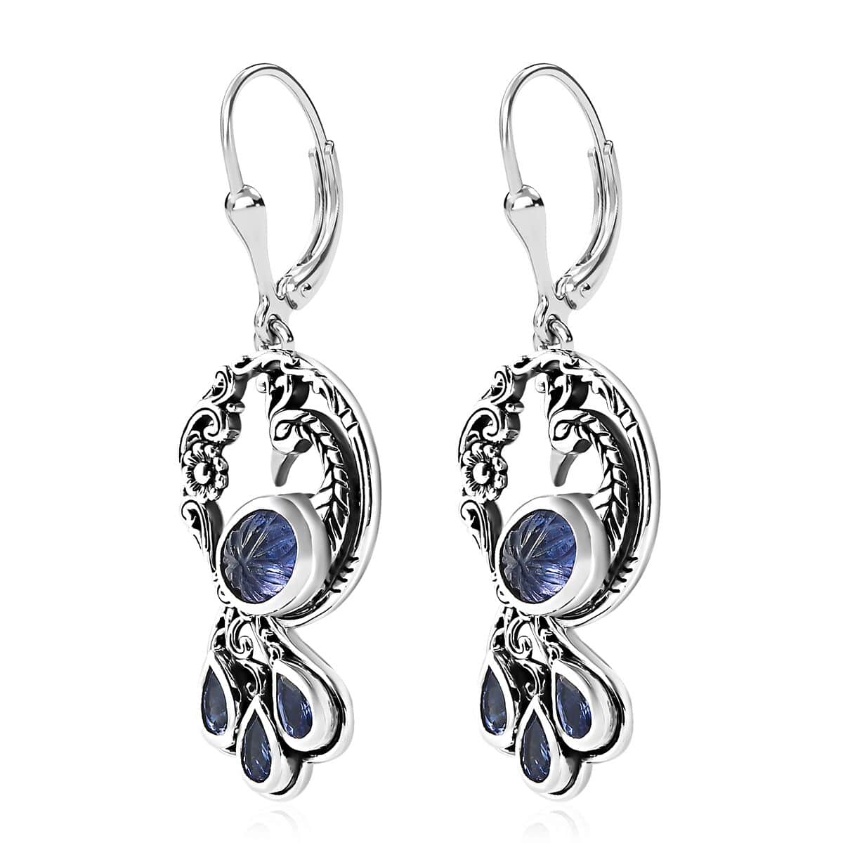 Indian Artistry Tanzanite Carved 4.80 ctw Peacock Earrings in Sterling Silver image number 3