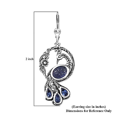 Indian Artistry Tanzanite Carved 4.80 ctw Peacock Earrings in Sterling Silver