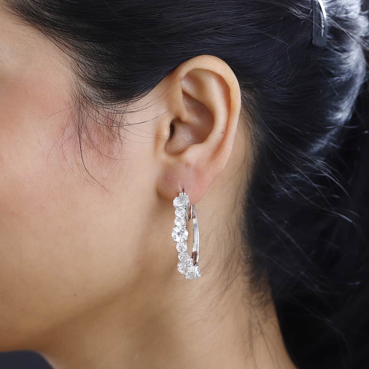 White Topaz Hoop Earrings in Platinum Over Sterling Silver 12.00 ctw image number 2