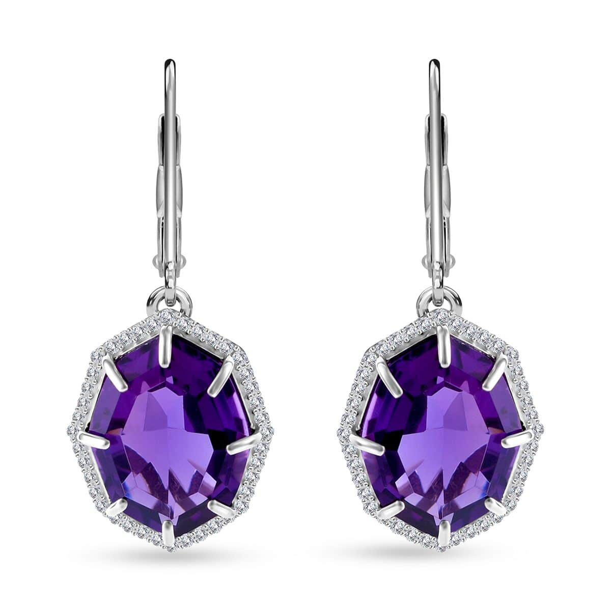 Fancy Cut African Amethyst and White Zircon Lever Back Earrings in Platinum Over Sterling Silver 7.90 ctw image number 0
