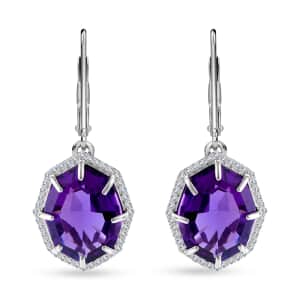 Fancy Cut African Amethyst and White Zircon Lever Back Earrings in Platinum Over Sterling Silver 7.90 ctw